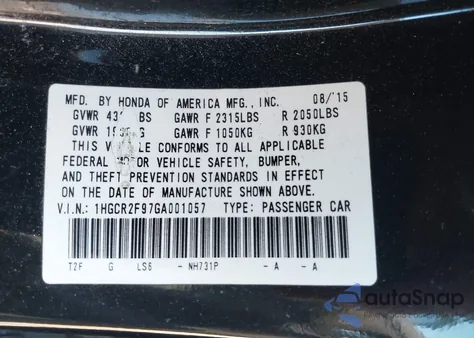 2016 Honda Accord Ex-L из США, поврежденный, VIN 1HGCR2F97GA001057